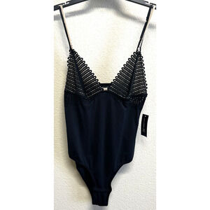INC International Concepts Women's Sz M Black Smooth Bodysuit Lace NEW